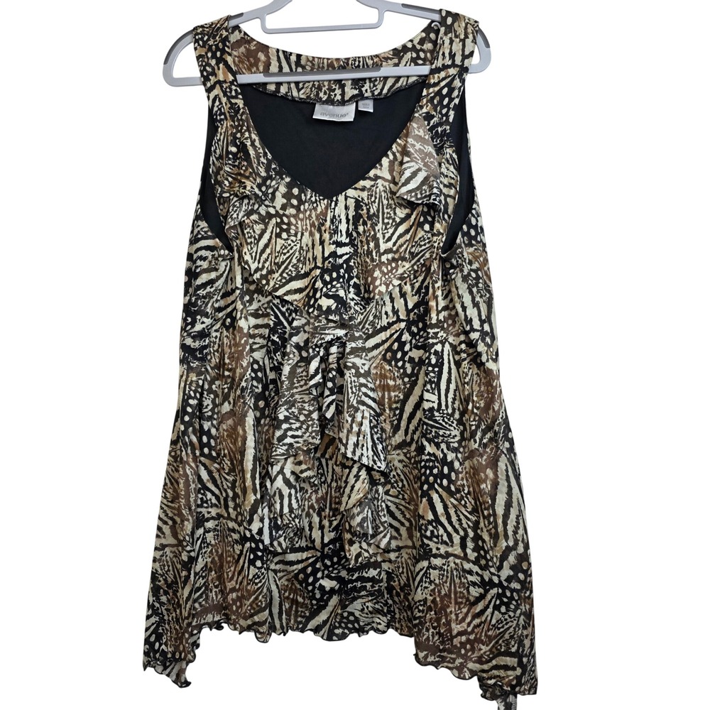 Avenue Womens Plus Size 22/24 Brown Butterfly Animal Print Ruffle V-Neck Blouse - Picture 2 of 10